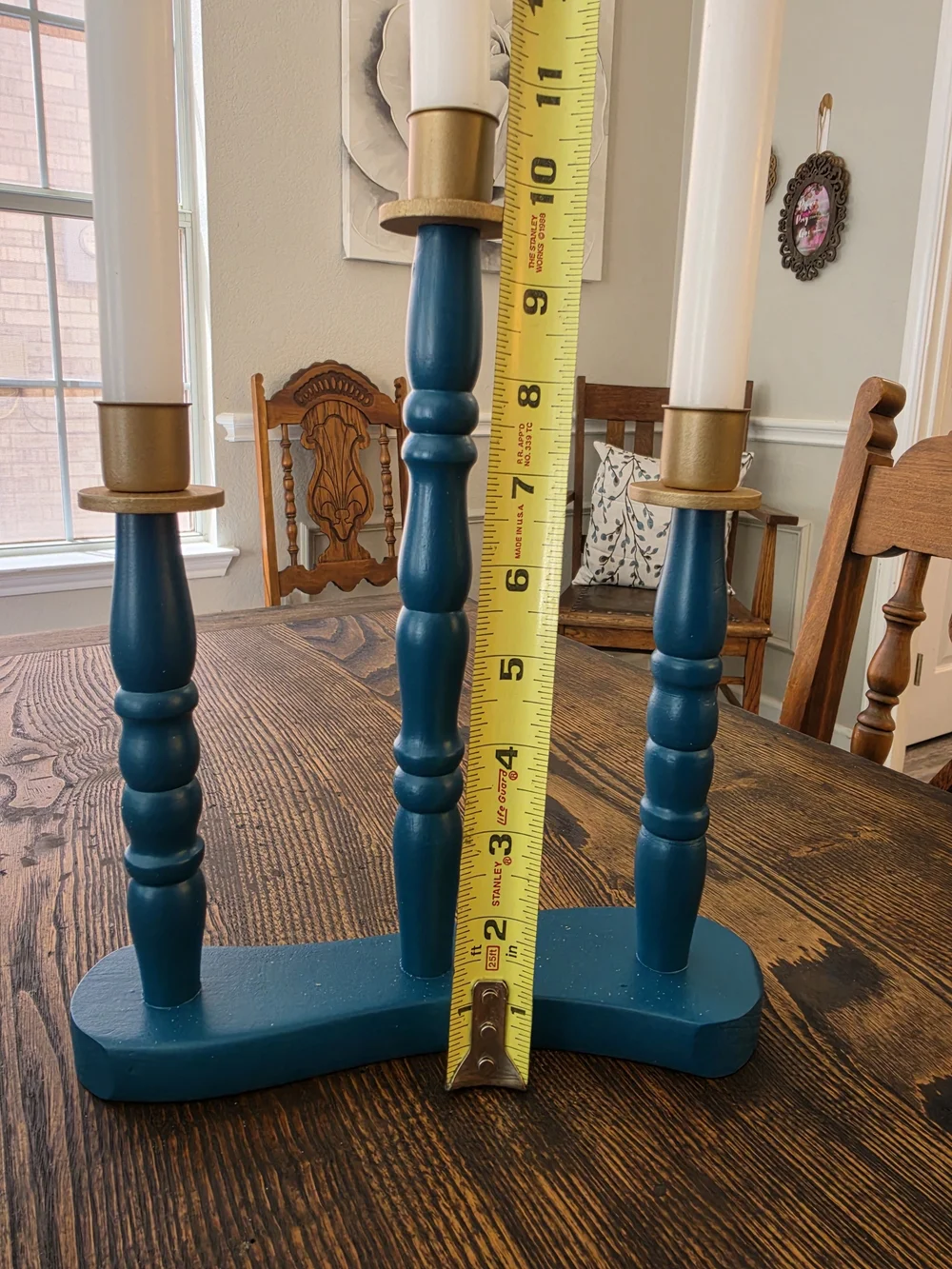 Deep Teal Blue Wood 3-Arm Taper Candle Candelabra Centerpiece Gold Metal Cups
